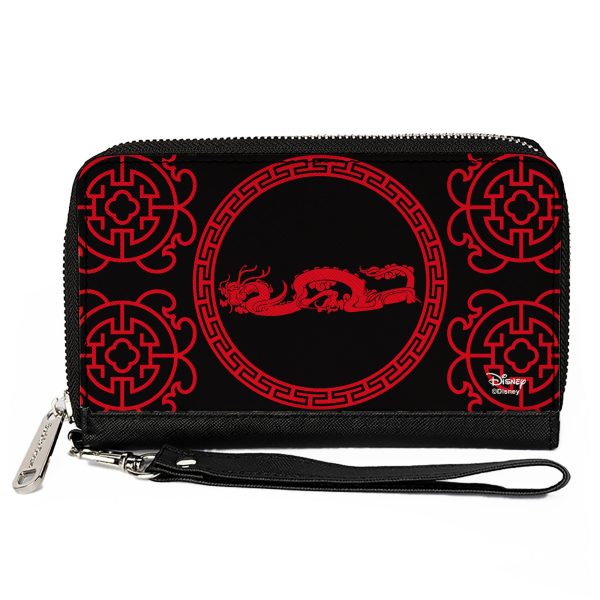Women s PU Zip Around Wallet Rectangle - Mulan Dragon Icon Lattice Pattern Black Red For Discount