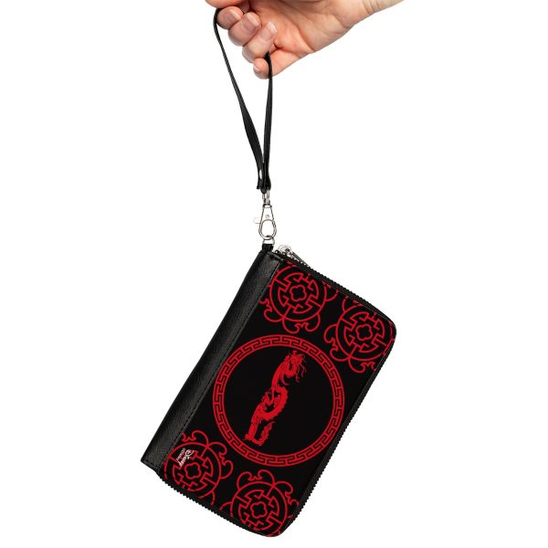 Women s PU Zip Around Wallet Rectangle - Mulan Dragon Icon Lattice Pattern Black Red For Discount - Image 2
