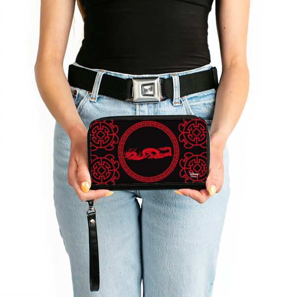 Women s PU Zip Around Wallet Rectangle - Mulan Dragon Icon Lattice Pattern Black Red For Discount - Image 3