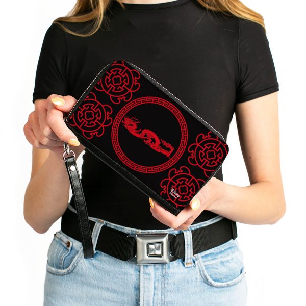Women s PU Zip Around Wallet Rectangle - Mulan Dragon Icon Lattice Pattern Black Red For Discount - Image 4